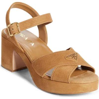 Prada Triangle Suede Platform Sandals In Brown