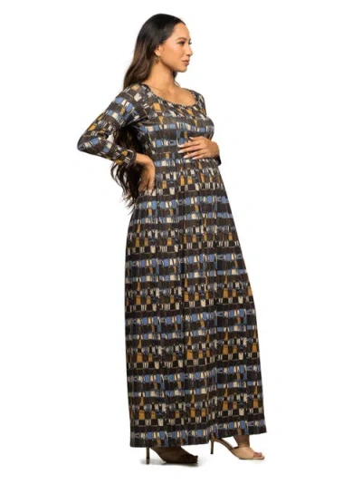 24seven Comfort Apparel Women's Maternity Long Sleeve Empire Waist Maxi Dress In Brown