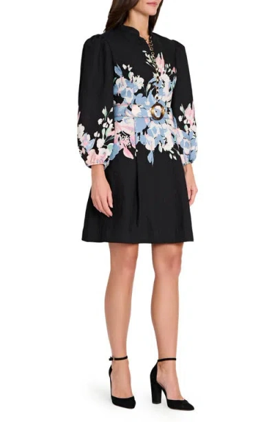Tahari Asl Print Belted Long Sleeve Dress In Black