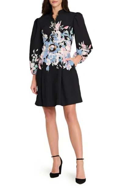 Tahari Asl Print Belted Long Sleeve Dress In Black