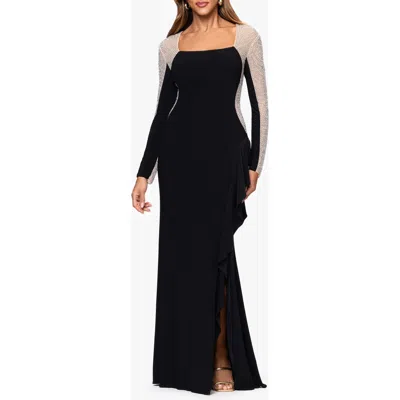 Xscape Evenings Beaded Long Sleeve Mermaid Gown In Black