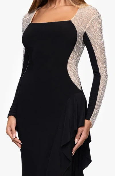 Xscape Evenings Beaded Long Sleeve Mermaid Gown In Black