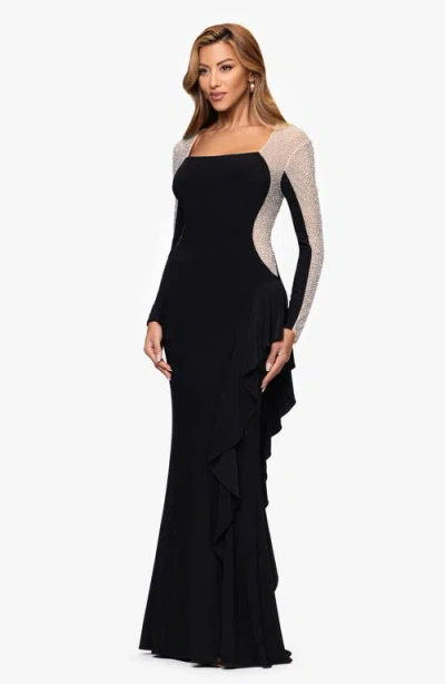 Xscape Evenings Beaded Long Sleeve Mermaid Gown In Black