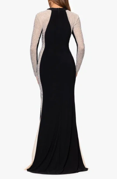 Xscape Evenings Beaded Mesh Long Sleeve Gown In Black