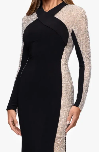 Xscape Evenings Beaded Mesh Long Sleeve Gown In Black