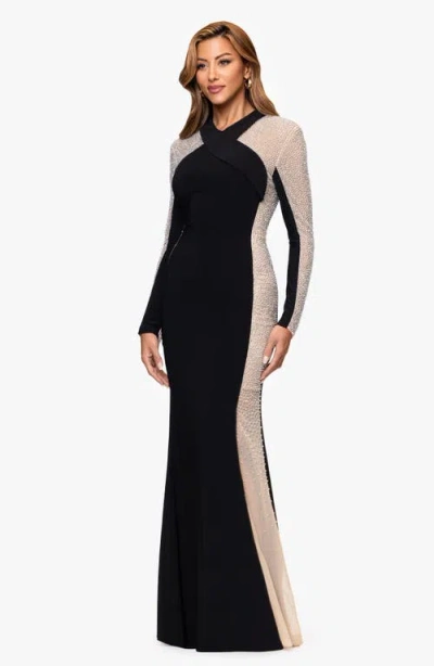 Xscape Evenings Beaded Mesh Long Sleeve Gown In Black