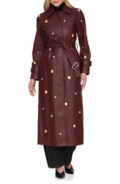 Avec Les Filles Studded Faux Ever Leather Belted Trench Coat In Brown