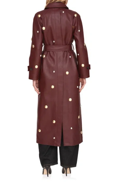 Avec Les Filles Studded Faux Ever Leather Belted Trench Coat In Brown