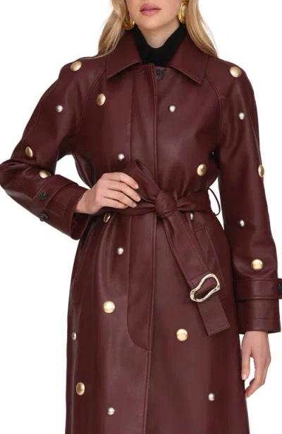 Avec Les Filles Studded Faux Ever Leather Belted Trench Coat In Brown