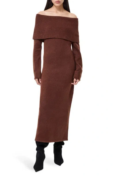French Connection Emilia Off The Shoulder Long Sleeve Maxi Sweater Dress In Brown