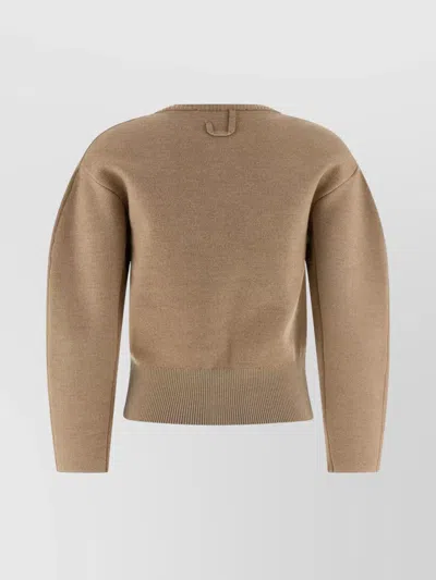 Jacquemus Le Gilet Doppio Beige Cardigan With Round Neck And Ribbed Trims In Wool Blend Stretch Woman In Neutral