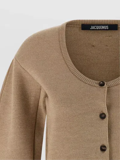 Jacquemus Le Gilet Doppio Beige Cardigan With Round Neck And Ribbed Trims In Wool Blend Stretch Woman In Neutral