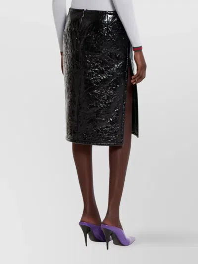 Gucci Glossy Leather Midi Skirt With Side Slit In Black