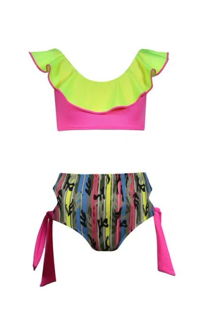 Nessi Byrd Kids' Bold Mix Ruffle Bikini Neon Lime & Camo Print In Green