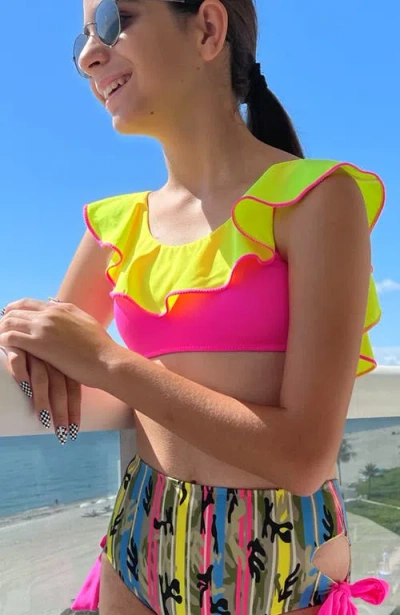 Nessi Byrd Kids' Bold Mix Ruffle Bikini Neon Lime & Camo Print In Green