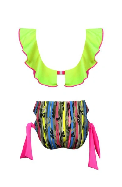 Nessi Byrd Kids' Bold Mix Ruffle Bikini Neon Lime & Camo Print In Green