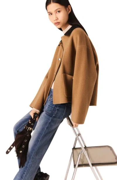 Maje Double-faced Coat With Removable Collar In Brown