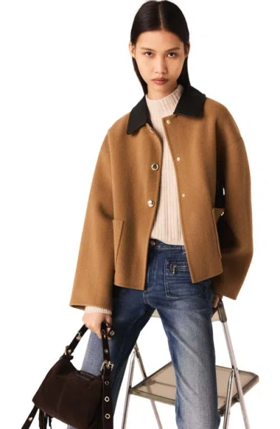 Maje Double-faced Coat With Removable Collar In Brown