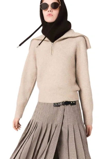 Maje Rhinestone Sweater With Half-zip Collar In Brown