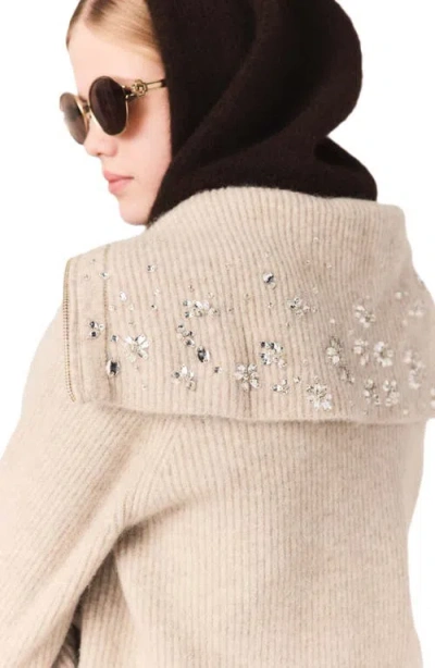 Maje Rhinestone Sweater With Half-zip Collar In Brown