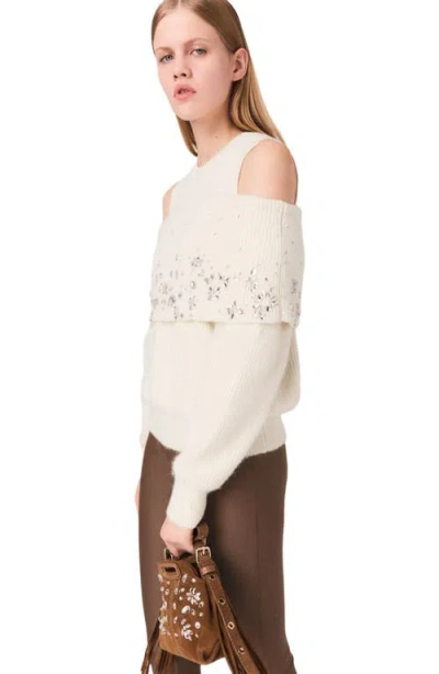 Maje Off-the-shoulder Sweater With Jewellery In Neutral