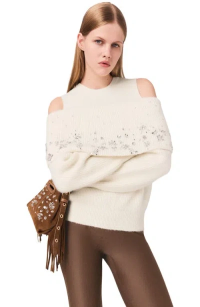 Maje Off-the-shoulder Sweater With Jewellery In Neutral