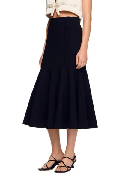 Sandro Long Flared Ruffled Skirt In Black