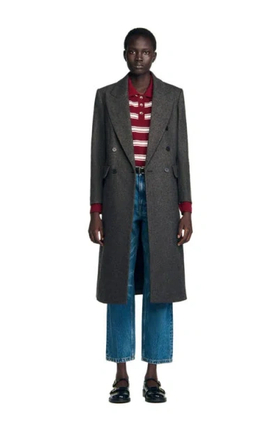 Sandro Fitted Double Breasted Coat In Gray