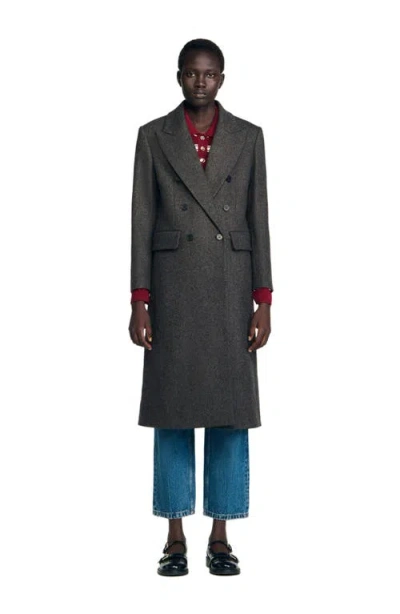 Sandro Fitted Double Breasted Coat In Gray