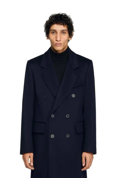 Sandro Double-breasted Wool Coat In Blue