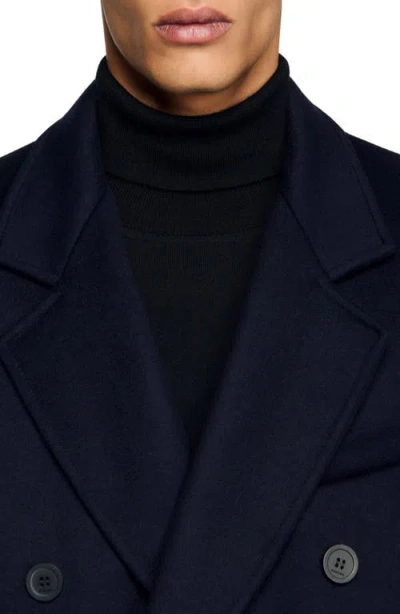 Sandro Double-breasted Wool Coat In Blue