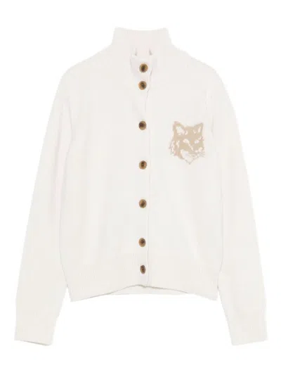 Maison Kitsuné 'fox Head' Inlay Wool Cardigan In White