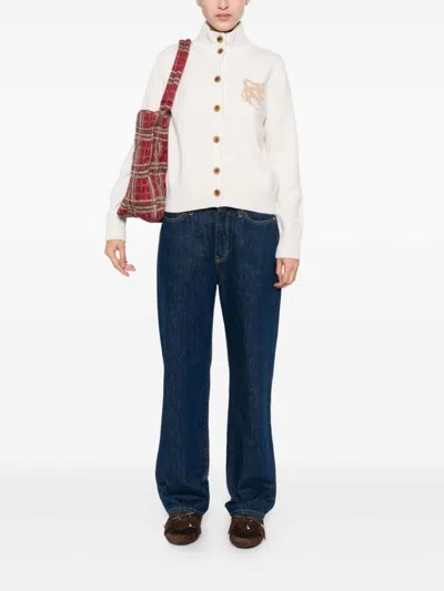 Maison Kitsuné 'fox Head' Inlay Wool Cardigan In White