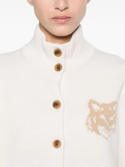 Maison Kitsuné 'fox Head' Inlay Wool Cardigan In White