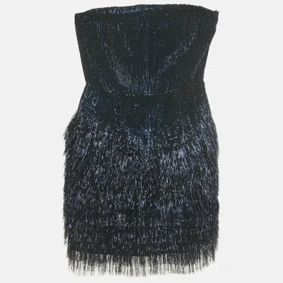 Pre-owned Roberto Cavalli Blue Sequin And Lurex Fringed Strapless Mini Dress S