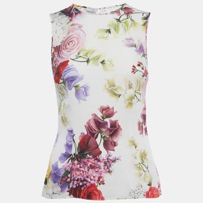Pre-owned Dolce & Gabbana White Floral Print Silk Sleeveless Top S