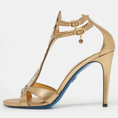Pre-owned Loriblu Gold Leather Crystal Embellished Ankle Strap Sandals Size 38.5