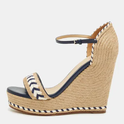 Pre-owned Gucci Beige/blue Jute And Leather Crystal Embellished Espadrille Wedge Sandals Size 39.5