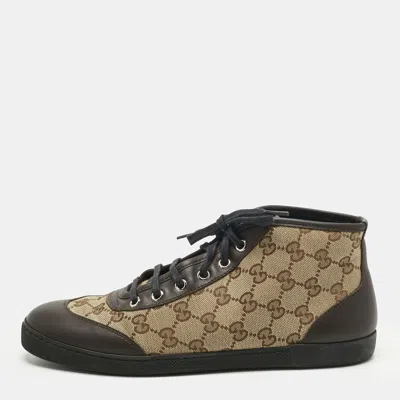 Pre-owned Gucci Brown/beige Gg Canvas And Leather Lace Up High Top Sneakers Size 39 In Sand