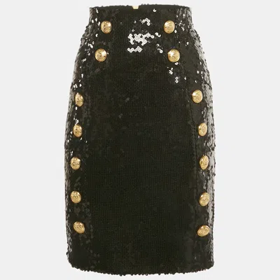 Pre-owned Balmain Black Sequin Button Detail Mini Skirt M