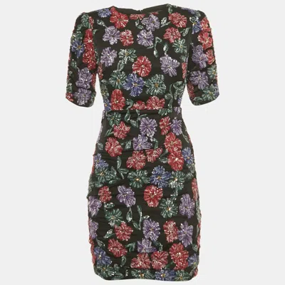 Pre-owned Maje Black Floral Razul Sequin Satin Bodycon Mini Dress S