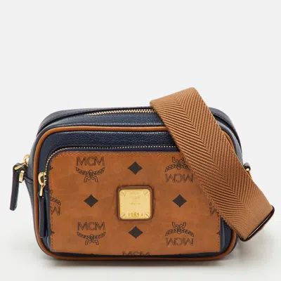 Pre-owned Mcm Tan/navy Blue Leather And Visetos Coated Canvas Small Klassik Crossbody Bag In Brown