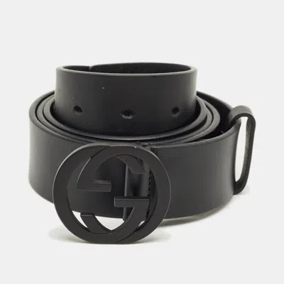 Pre-owned Gucci Black Leather Interlocking G Buckle Belt 110cm