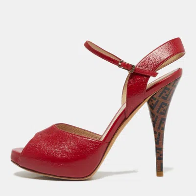 Pre-owned Fendi Red Leather Zucca Print Heel Peep Toe Ankle Strap Sandals Size 38