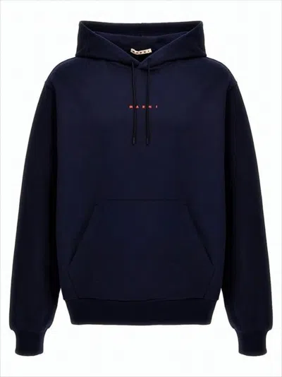Marni Navy Blue Hoodie With Drawstring Hood And Logo Detail In Black