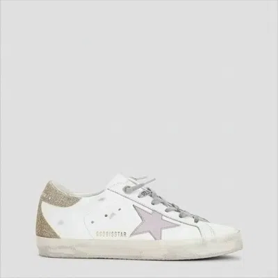 Golden Goose Distressed White Leather Sneakers With Pink Star Detail In White