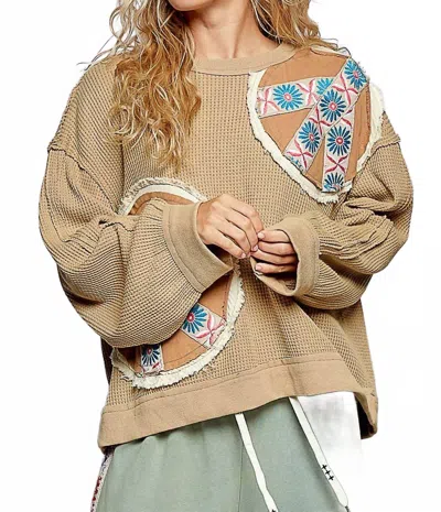 Pol Waffle Knit Embroidered Patch Work Pullover In Mocha In Brown