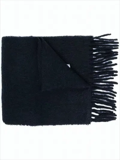 Marni Textured Alpaca Blend Scarf With Fringed Ends And Distinctive Patch In Blue