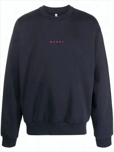 Marni Relaxed-fit Black Long-sleeve Sweatshirt With Embroidered Logo In Blue