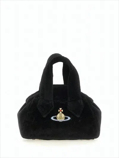 Vivienne Westwood Structured Black Cotton Crossbody Bag With Embroidered Emblem In White
